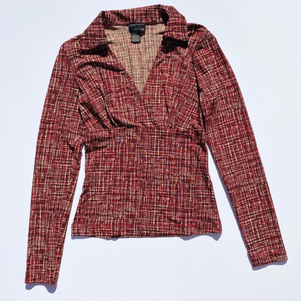 BCBGMAXAZRIA Plaid Long Sleeve Top Women XS Y2K Boho 70s 2000s Retro Vintage 90s
